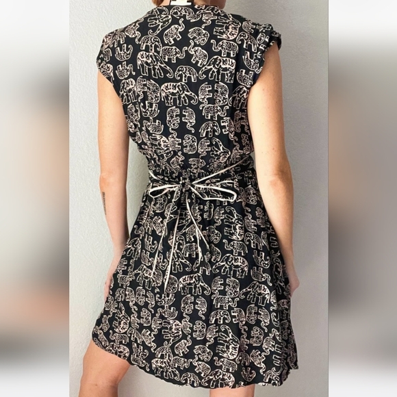 EUC Anthropologie Maeve Noronha Black Elephant Print Flowy Faux Wrap Dress XL - Picture 3 of 15